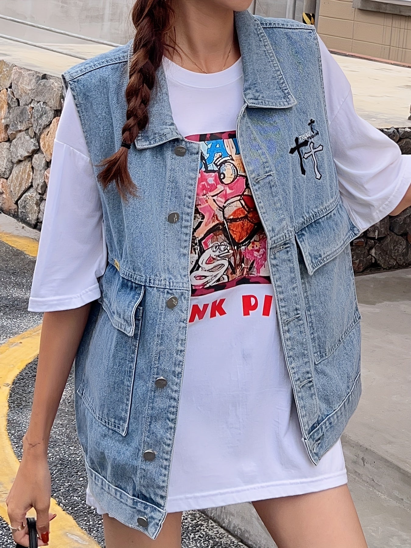  Cross Print Denim Jacket Vest