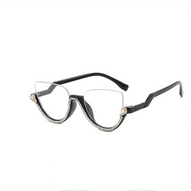 Semi Rimless Cat Eye Glasses Rhinestone Decor Clear Lens Stylish