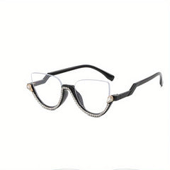 Semi Rimless Cat Eye Glasses Rhinestone Decor Clear Lens Stylish
