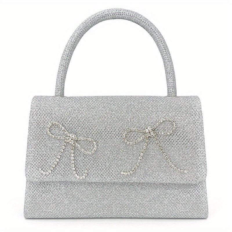 Rhinestone Bow Chain Satchel Bag Textured PU Flap Celebrity Evening Bag