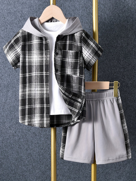 Boys Plaid Hooded Shirt & Shorts Summer Outfit