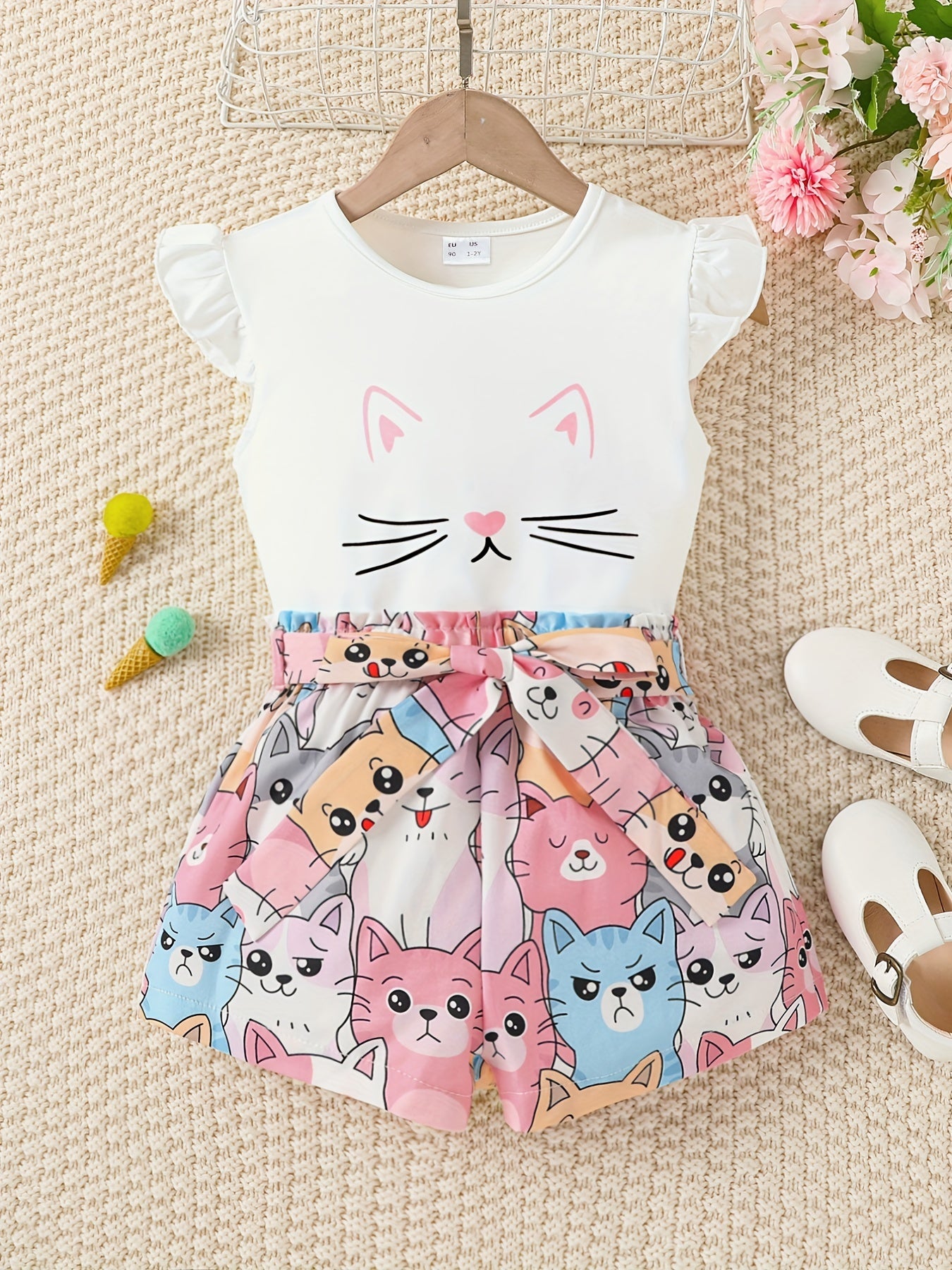 Girls Cat Graphic Top & Belted Shorts Set Kids Summer Clothes