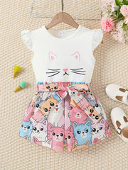 Girls Cat Graphic Top & Belted Shorts Set Kids Summer Clothes