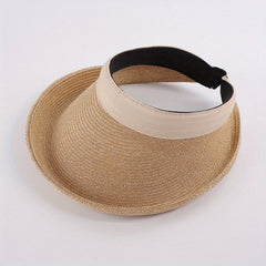 UV Protection Straw Sun Hat Roll Brim Ponytail Visor Hat Vintage Beach Hats