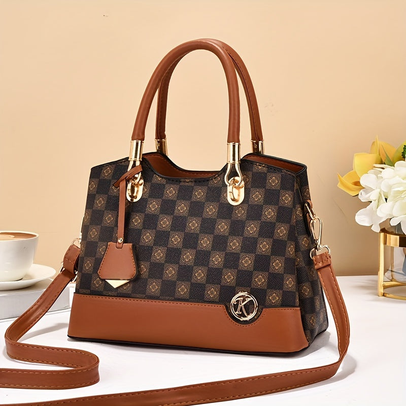 Geometric Plaid Faux Leather Top Handle Bag for Women