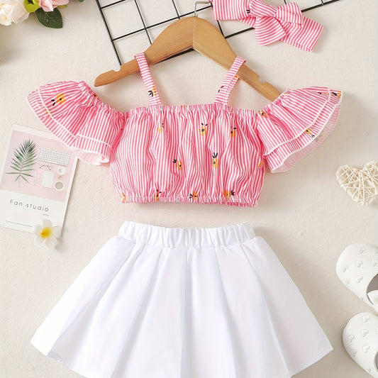 3pcs Newborn Baby Girls Off Shoulder Top & Skirt Set Clothes