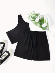 Solid Casual Two piece Set One Shoulder Crop Top & Drawstring Shorts