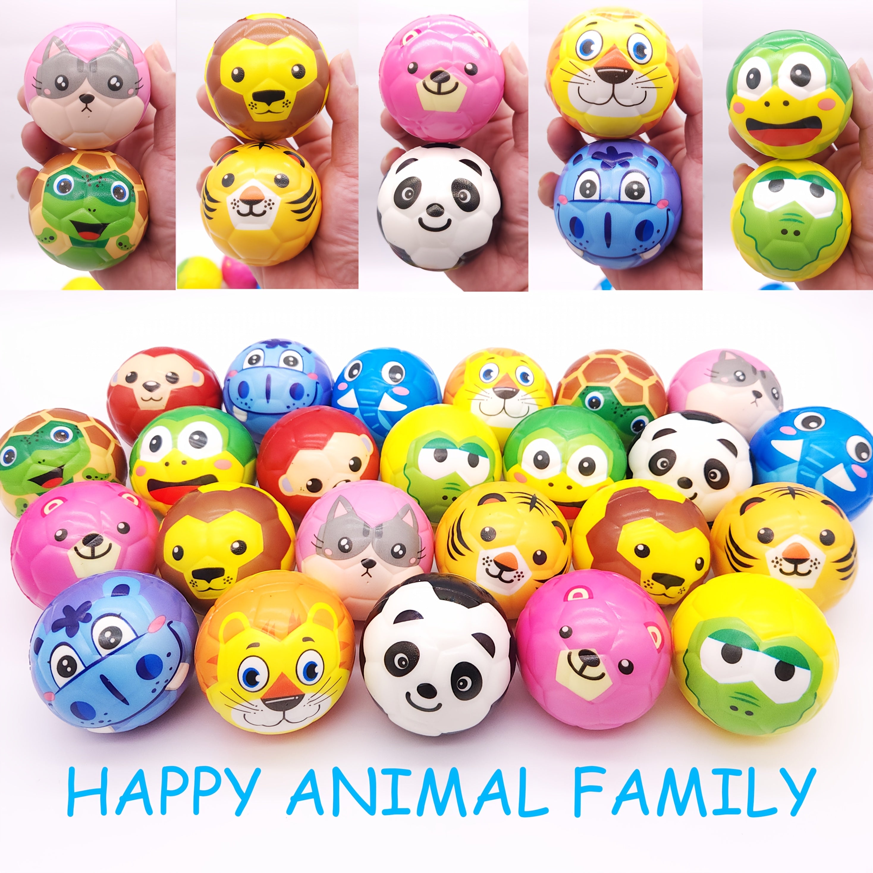 24 Sponge Balls with Cartoon Animal Face, 6.3 cm Diameter
