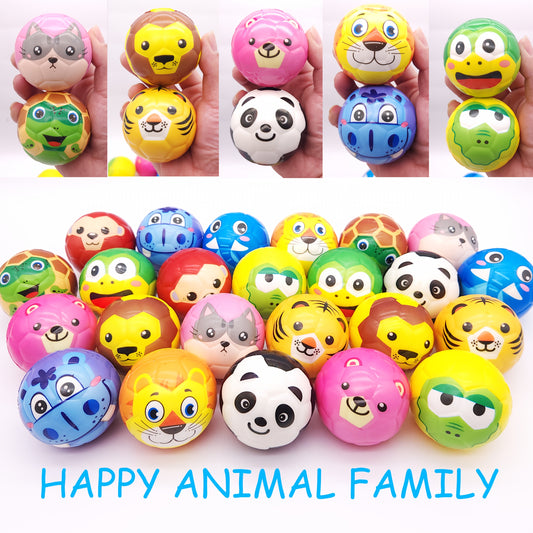 24 Sponge Balls with Cartoon Animal Face, 6.3 cm Diameter