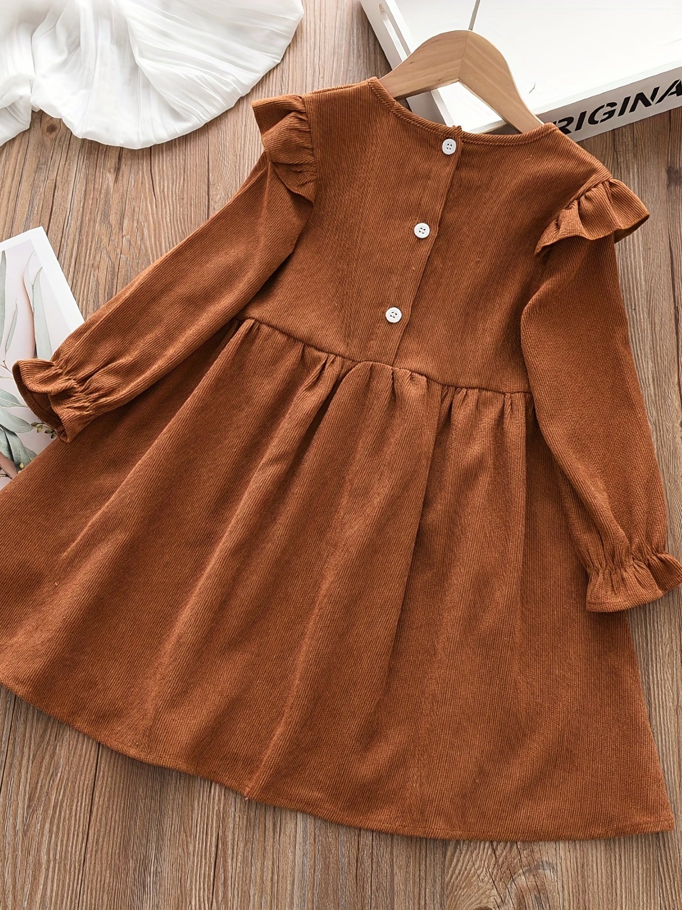 Girls' Corduroy Bow Ruffle Swing Dress for Party Holiday
