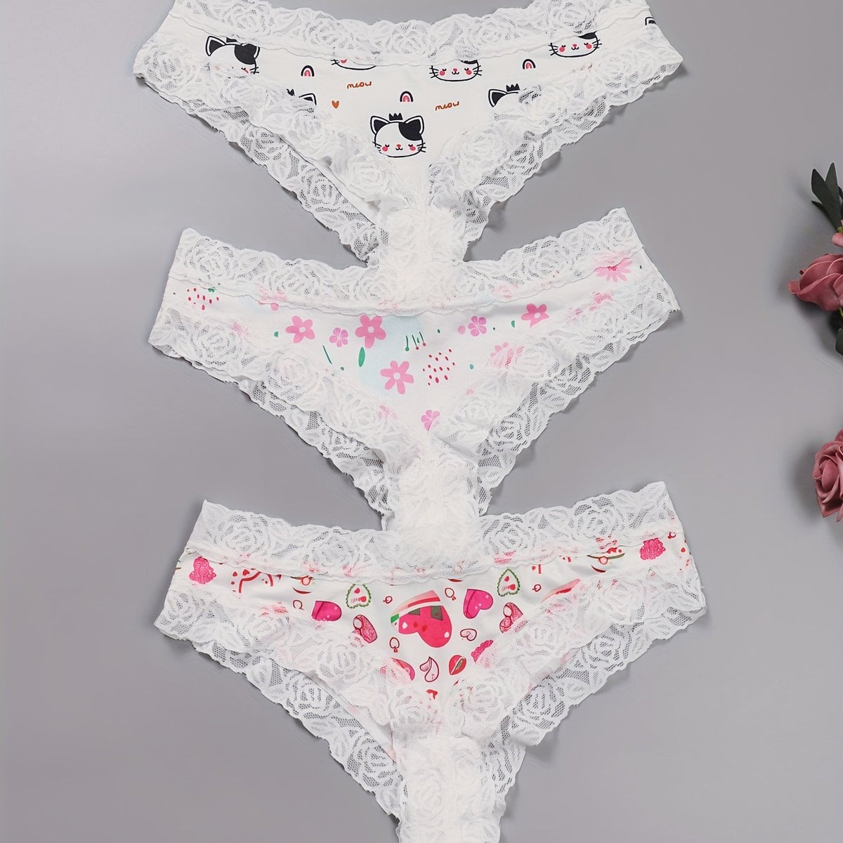 3 Pack Plus Size Cheeky Panties - Floral & Heart & Cat Print Lace Trim