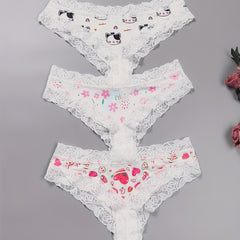 3 Pack Plus Size Cheeky Panties - Floral & Heart & Cat Print Lace Trim