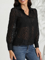  Sexy Blouse Women's Plus Stripe Print Mesh Long Sleeve Button Up Shirt