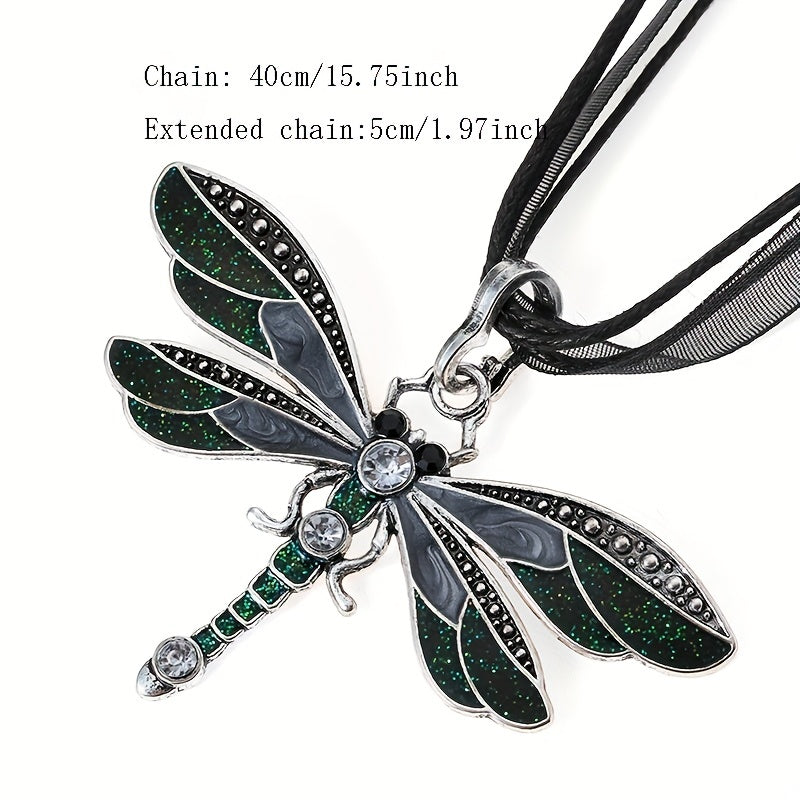 Crystal Dragonfly Ribbon Pendant Necklace For Women
