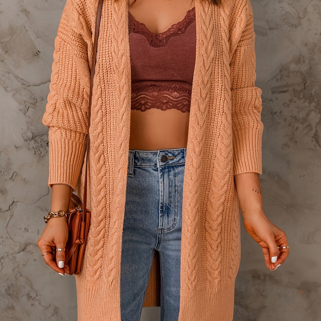  Cable Sleeve Open Front Cardigan