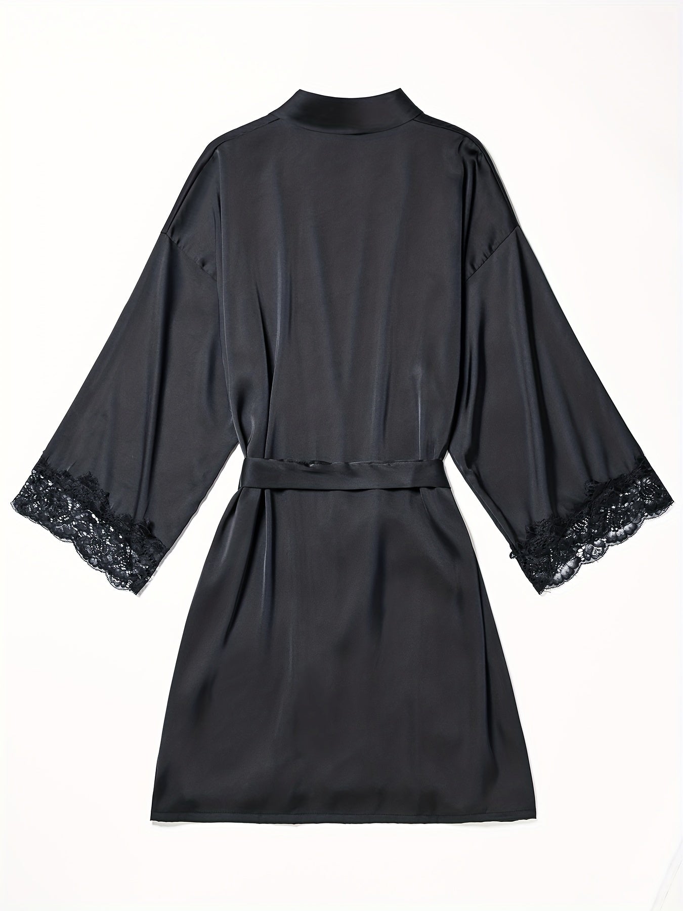 Satin Lounge Robe with Lace Trim V-Neck Long Sleeve Belted Women's Loungewear