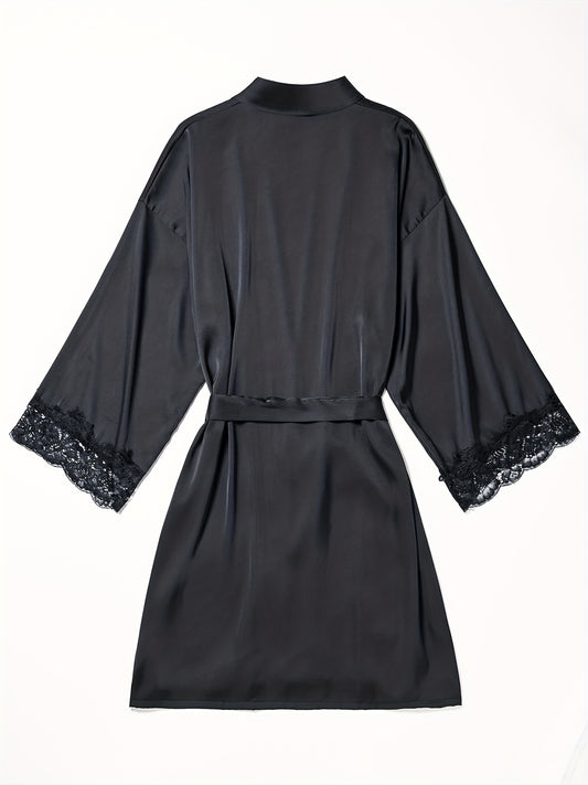 Satin Lounge Robe with Lace Trim V-Neck Long Sleeve Belted Women's Loungewear
