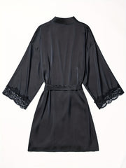 Satin Lounge Robe with Lace Trim V-Neck Long Sleeve Belted Women's Loungewear