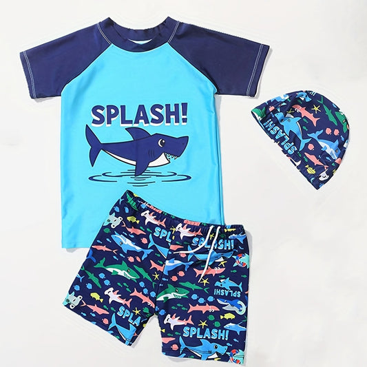 Boys Shark Swim Set - Trunks, Top & Cap - Beach Vacation Clothes
