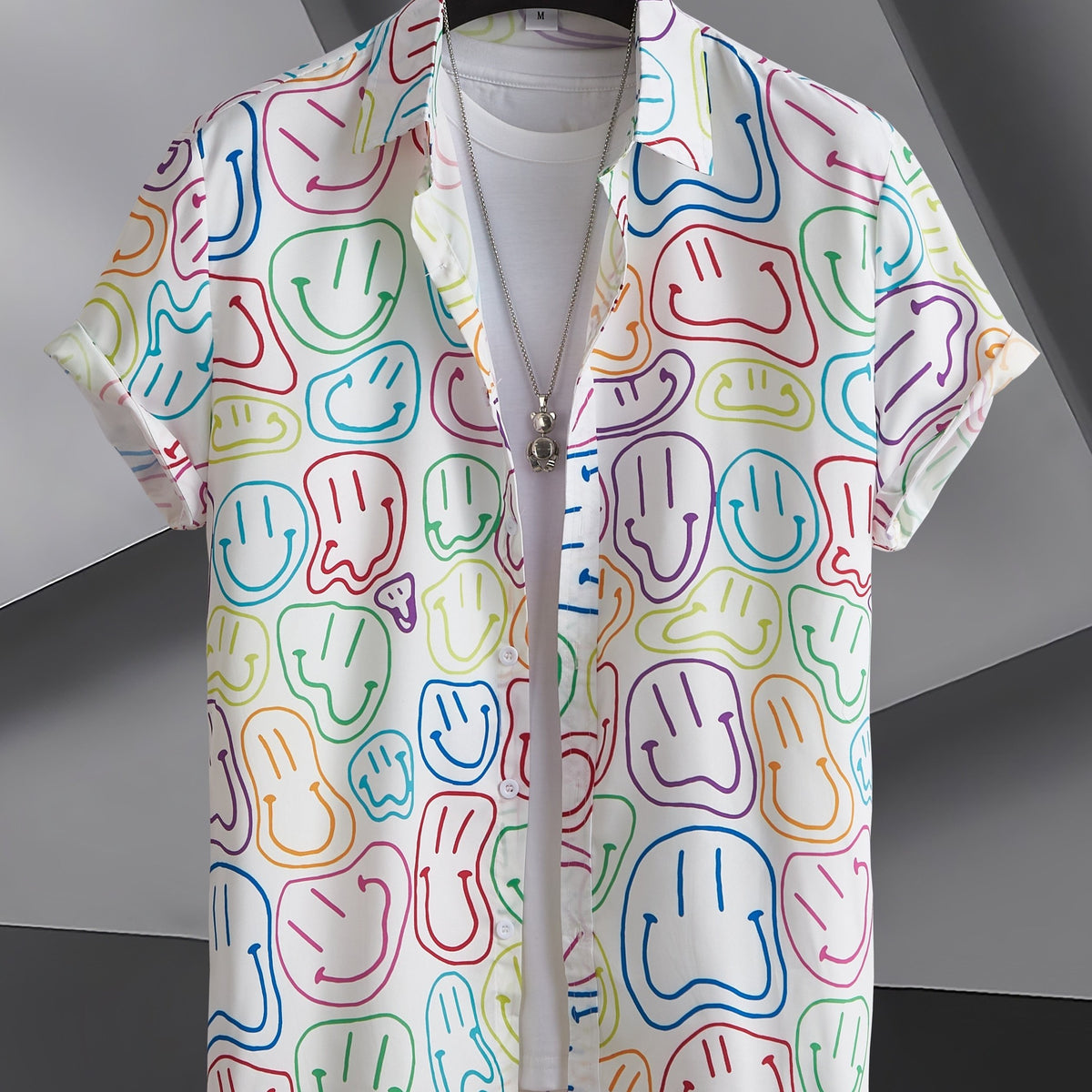 Colorful Smiling Face Men's Short Sleeve Button Up Shirt