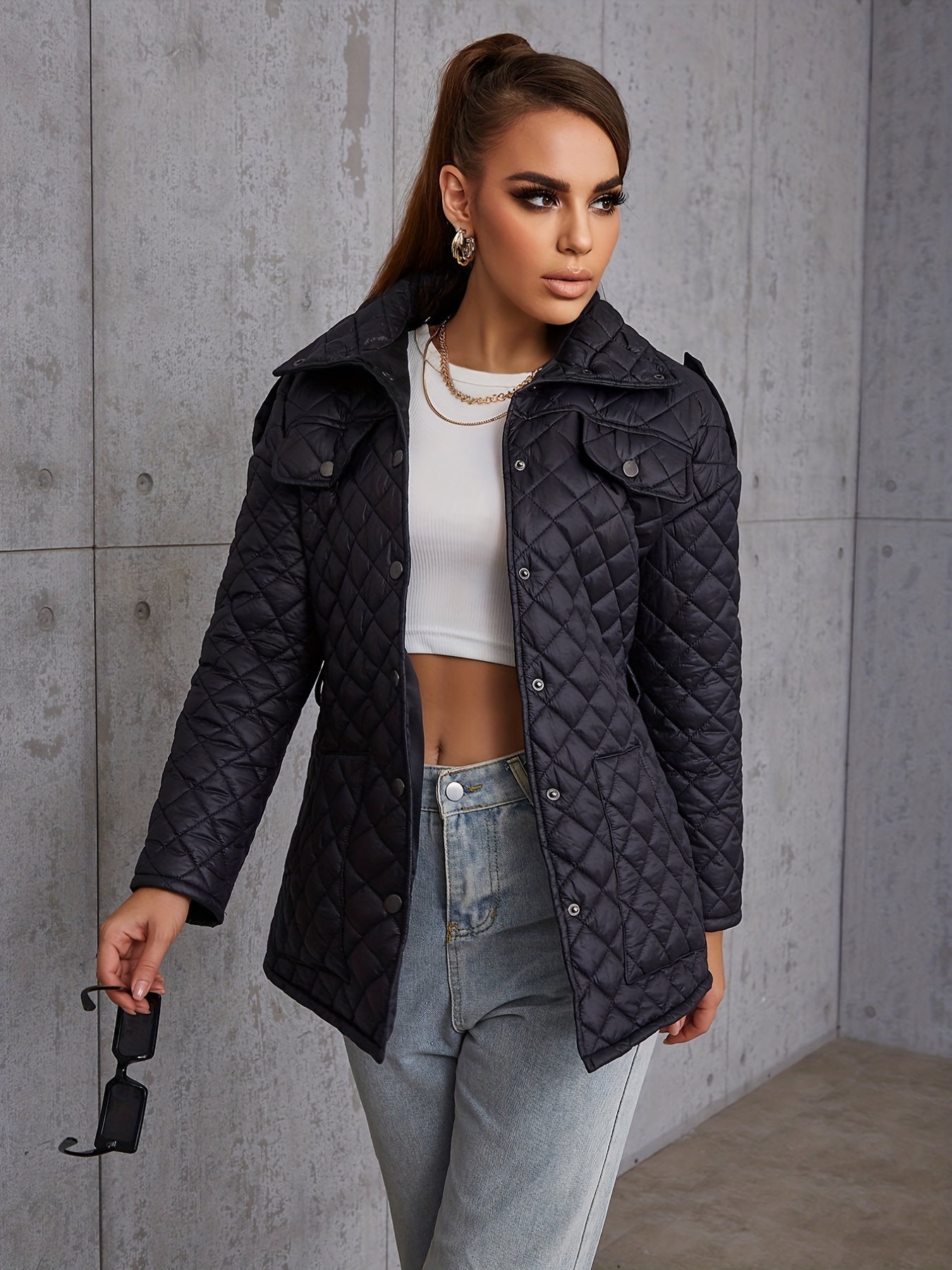 Solid Button Front Coat Long Sleeve Warm Outerwear