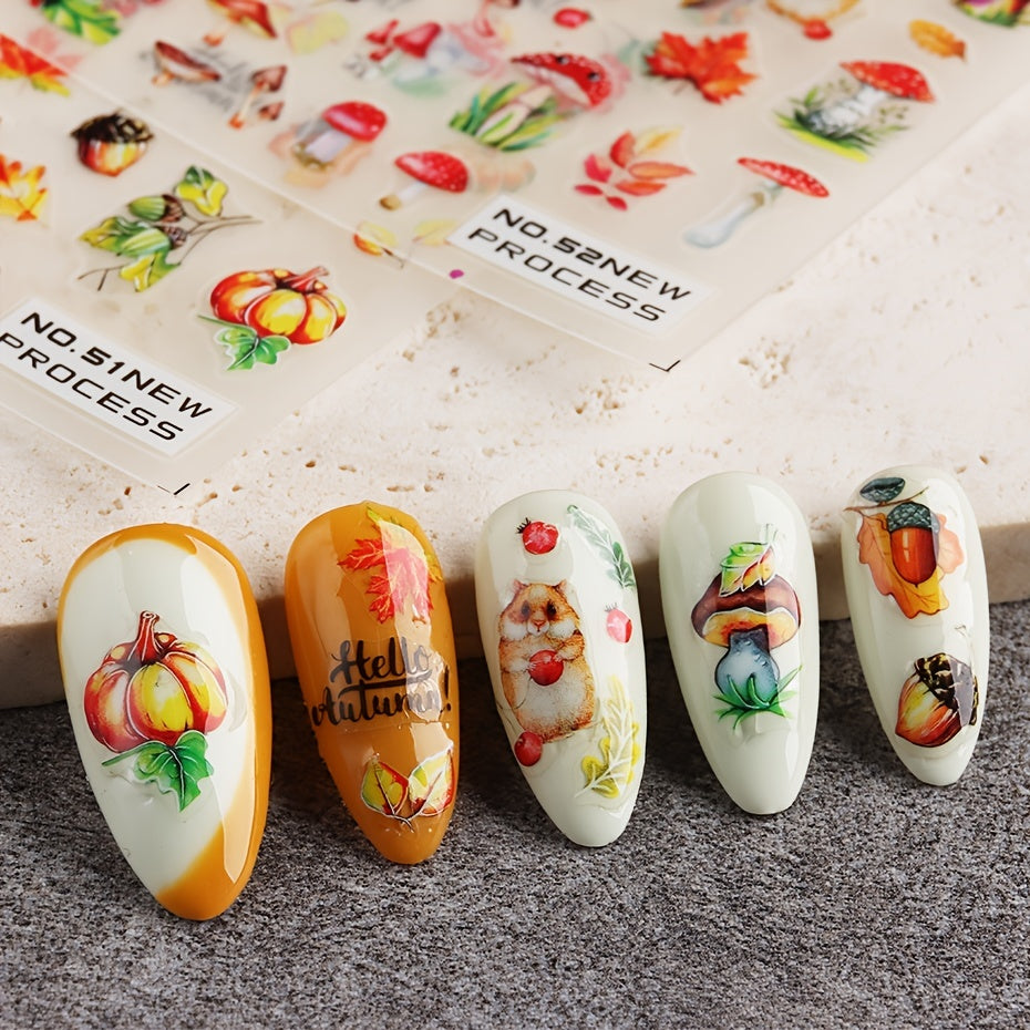 Fall Maple Leaf Nail Stickers Water Transfer 3D Squirrel Pumpkin Nail Decals