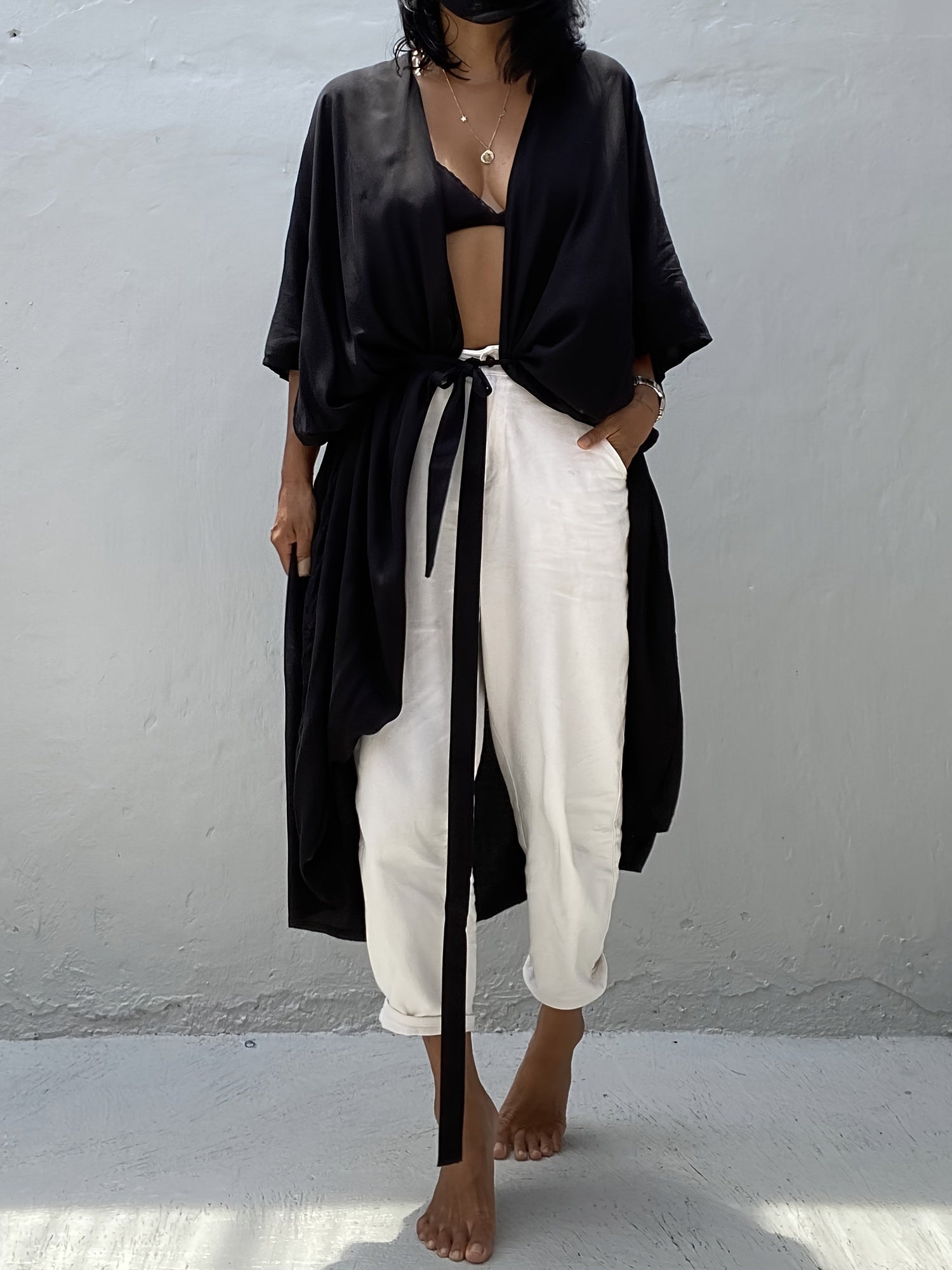  Solid Open Front Batwing Sleeve Beach Kimono