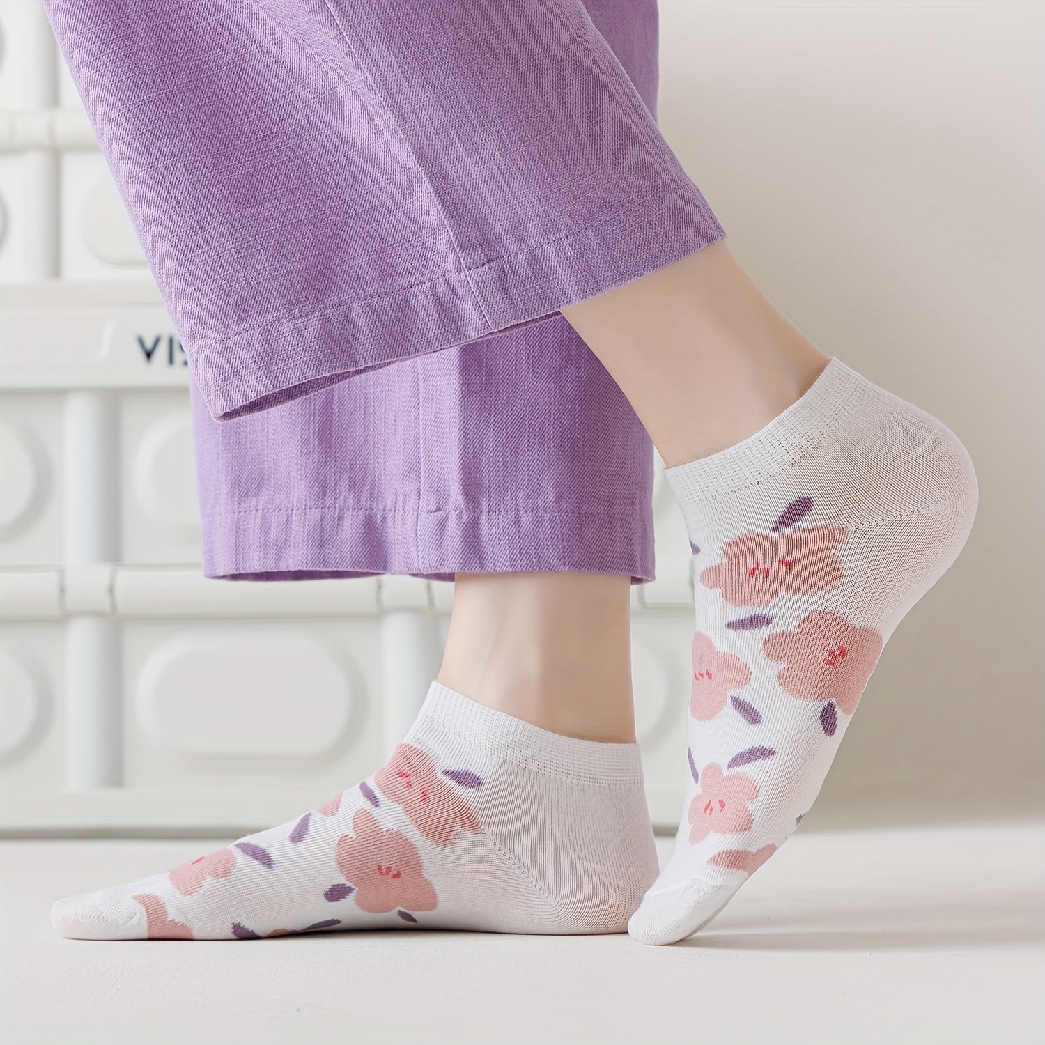 5 Pairs Floral Print Socks Low Cut Ankle Stockings