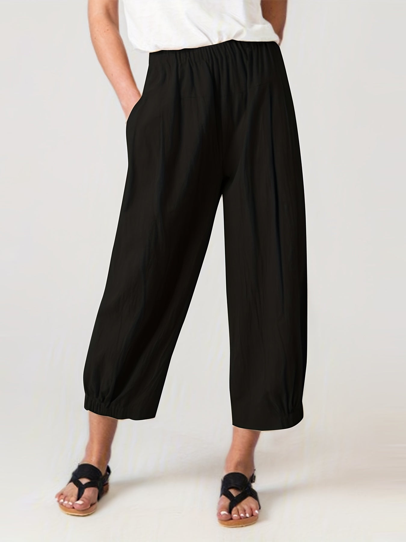  Solid High Rise Elastic Pleated Harem Pants