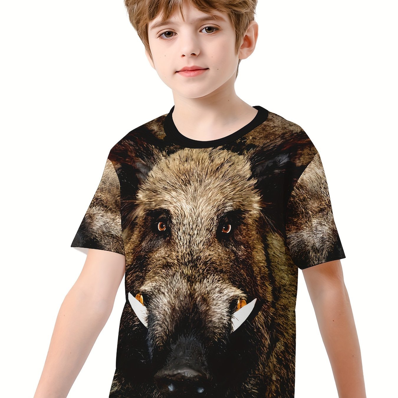Wild Boar 3D Print Kids T-shirt Boys Summer Sports Lightweight Tee