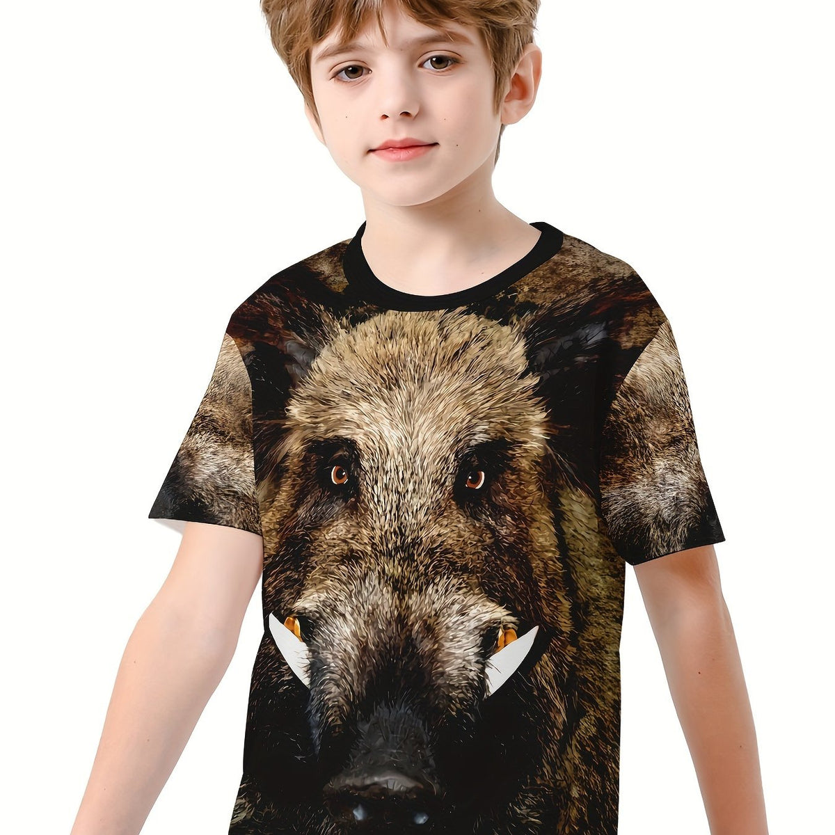 Wild Boar 3D Print Kids T-shirt Boys Summer Sports Lightweight Tee