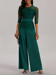 Half Sleeve Wide Leg Lace Stitching Jumpsuit Women's Clothing