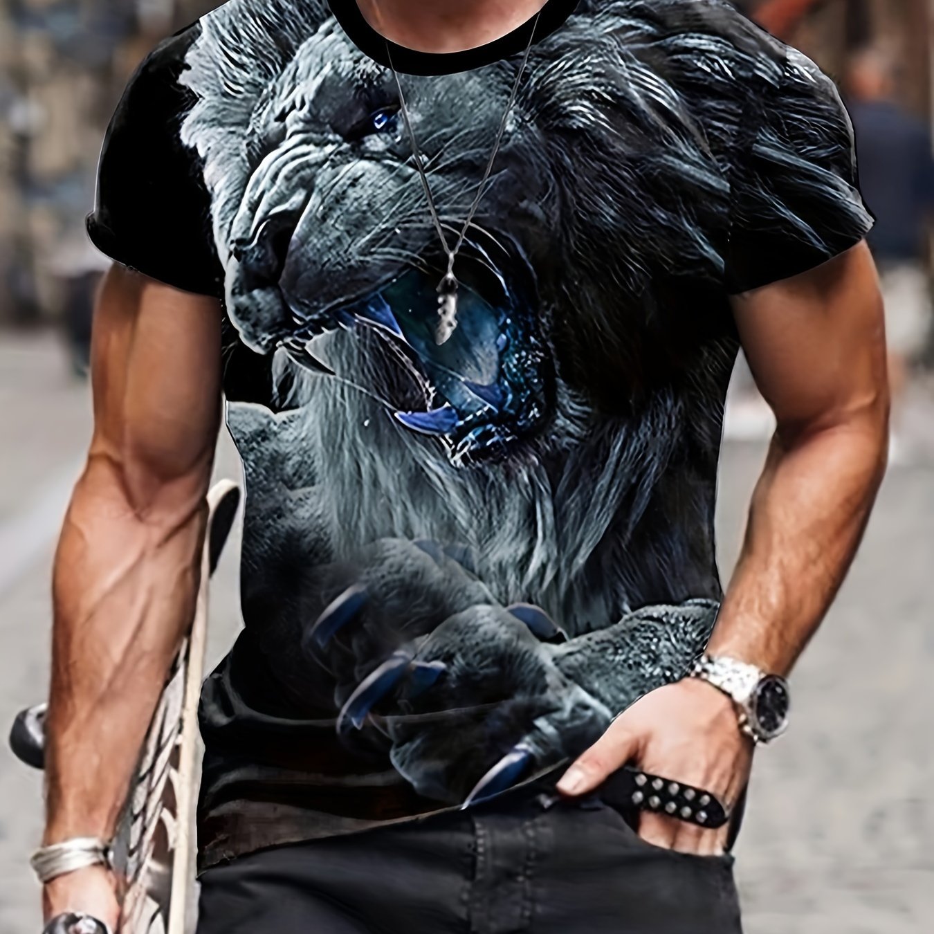 Men's Lion Pattern Sports T-shirt Stretch Round Neck Tee Shirt