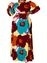 Floral Print Lantern Sleeve Maxi Dress With Belt