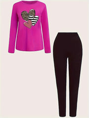 Women's Plus Heart Print Long Sleeve Round Neck Top & Leggings 2 Piece Set