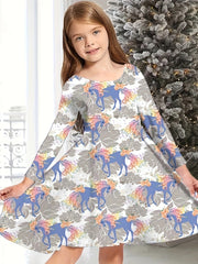Snowy Reindeer Long Sleeve Dress Kids Spring Fall Christmas Gift