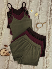  Waffle Knit Pajama Set: V Neck Cami Top & Shorts - 6 Pc