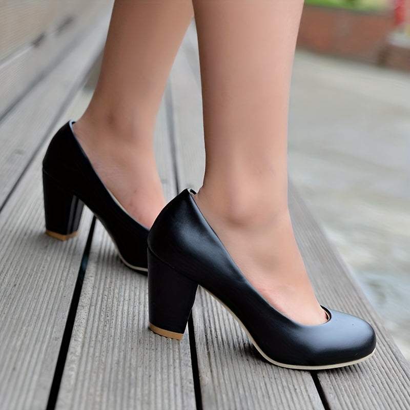 Chunky Heeled Pumps Round Toe High Heels Women's Working Shoes