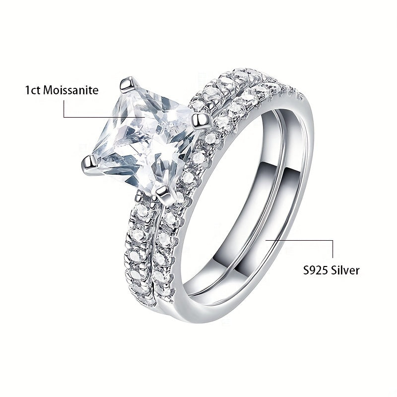 Moissanite Sterling Silver Bridal Ring Set - Princess Cut CZ Engagement Rings
