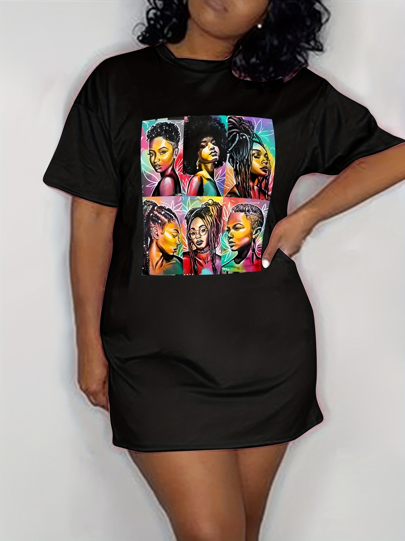  Casual Tee Dress Figure Print Short Sleeve High Stretch