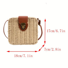 Rattan Woven Crossbody Bag Straw Beach Bag Square Purse