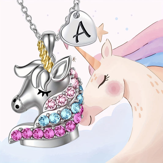 Cartoon Unicorn Letter Pendant Necklace for Girls