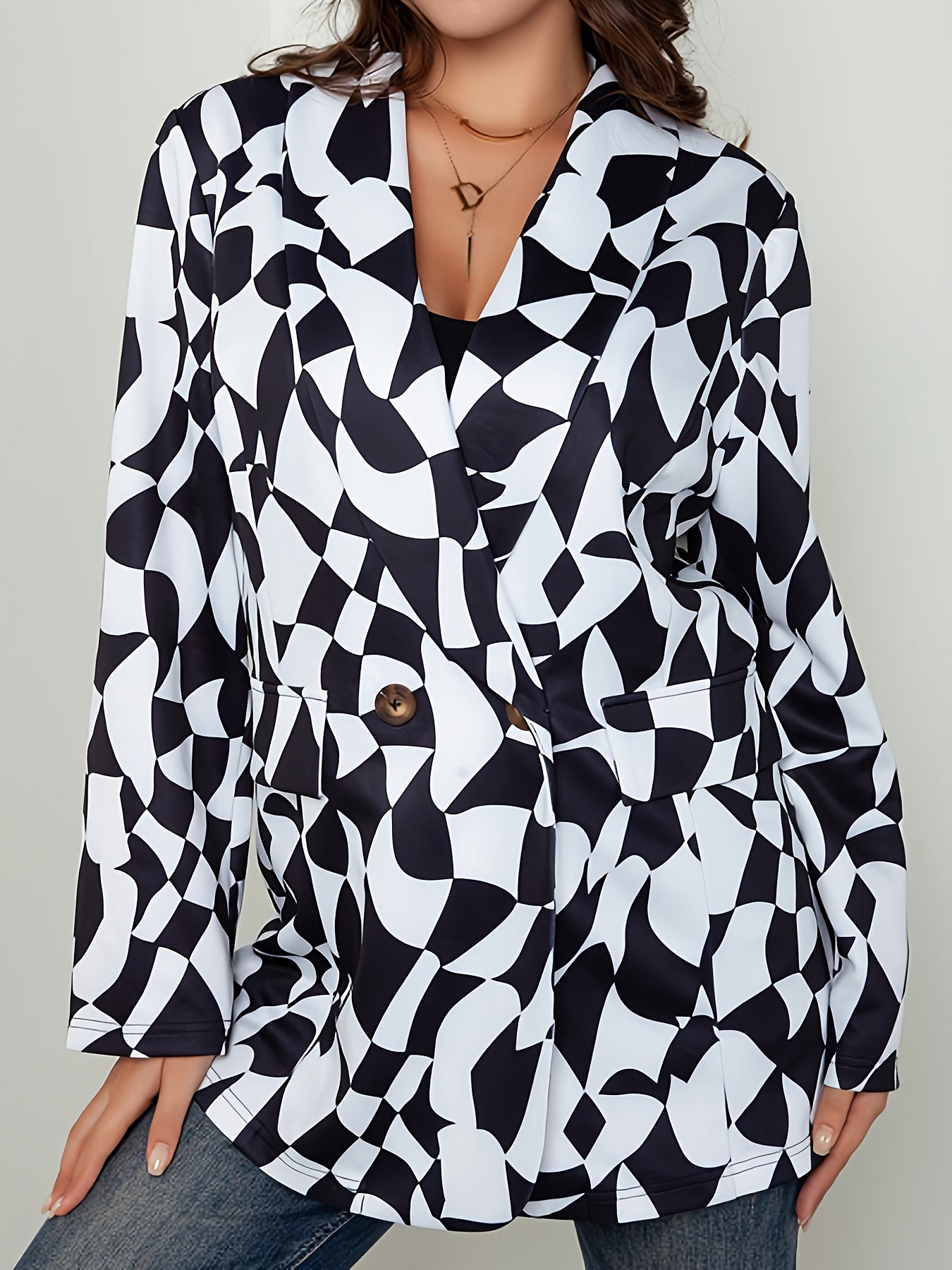  Geometric Print Double Breast Button Blazer