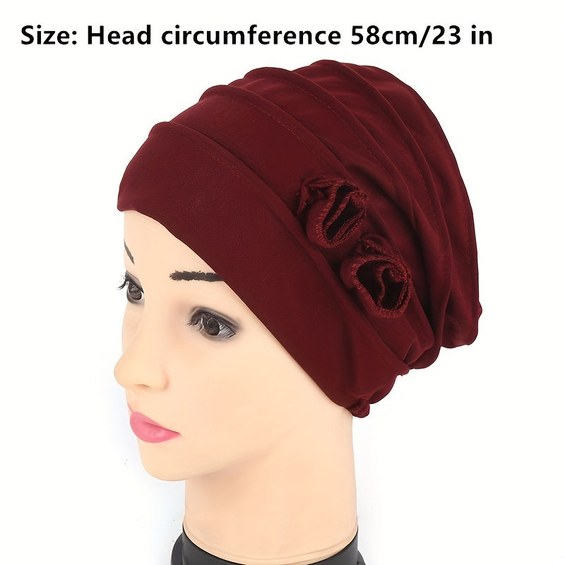 Double Flower Decor Turban Cap Head Wrap Solid Elastic Beanies Lightweight