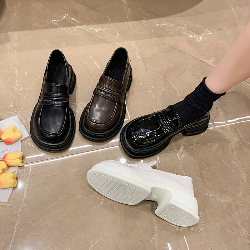 Women's Platform Slip On Loafers Retro Round Toe Anti-slip Shoes