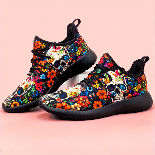 Women's Skull & Flowers Print Sneakers Lace Up Outdoor Shoes Lightweight Low Top