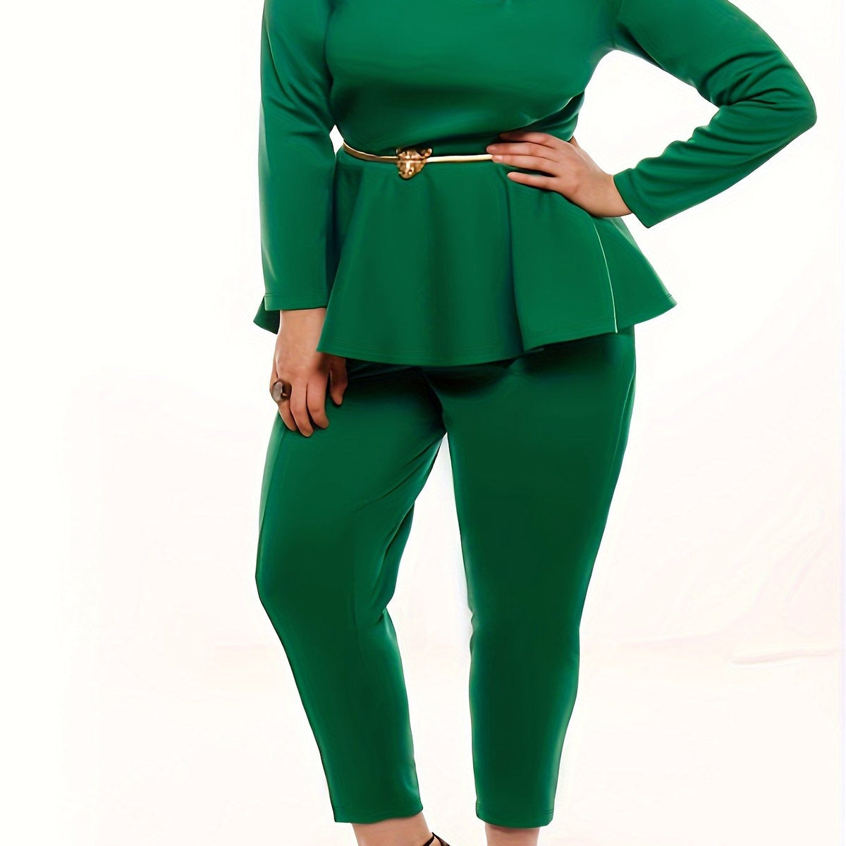  Solid Long Sleeve Round Neck Peplum Top & Pants Two Piece Set