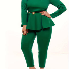  Solid Long Sleeve Round Neck Peplum Top & Pants Two Piece Set