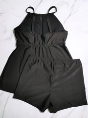 Women's Plus Size Tankini: Solid Keyhole Halter Neck Cami Top & Shorts