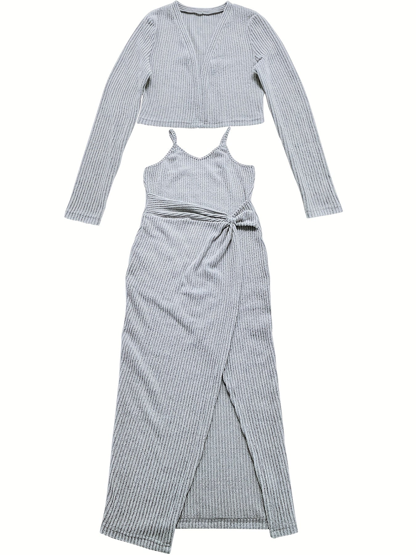 Ribbed Two-Piece Set Open Front Long Sleeve Top & Twist Strap Dress